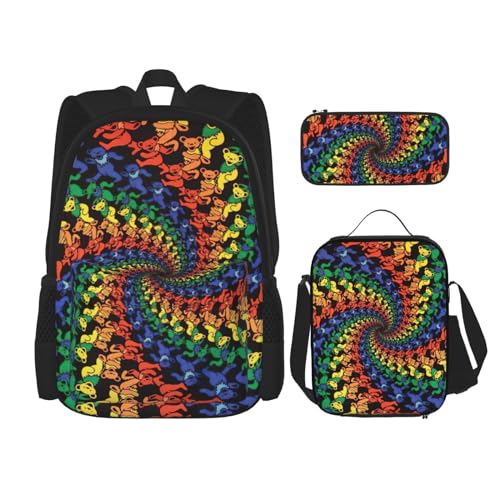 WURTON Schulrucksack-Set mit Bärentanzen-Motiv, Batikdruck, 3-in-1, Büchertasche-Set mit Lunchbox, Federmäppchen, Reise, Laptop, Tagesrucksack