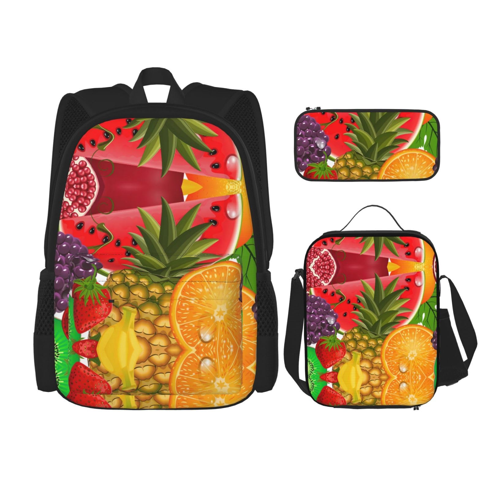 WURTON 3-in-1-Set mit frischen Früchten, Ananas-Druck, lässig, verstellbar, Schulter-Rucksack, Lunch-Tasche, Federmäppchen, Beutel, Schwarz, Einheitsgröße