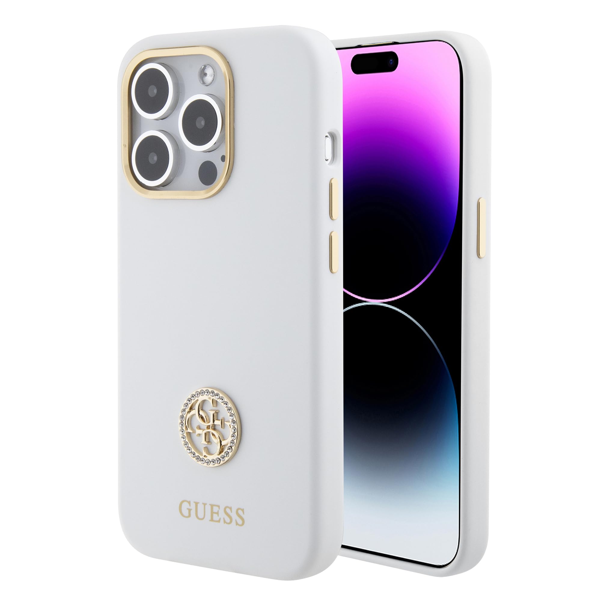 CG Mobile Guess Silikon Hülle mit 4G Strass Logo Hülle für iPhone 15 Pro - Weiß