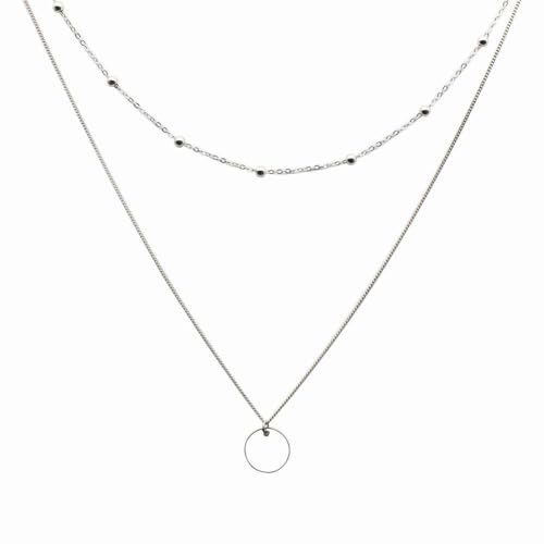 OUJTWMDQ S925 Sterling Silber Halsband Runde Karte Perle Doppel Schlüsselbein Halskette Temperament Student Weibliche Silber Schmuck, Doppelte Halskette, 925er Silber