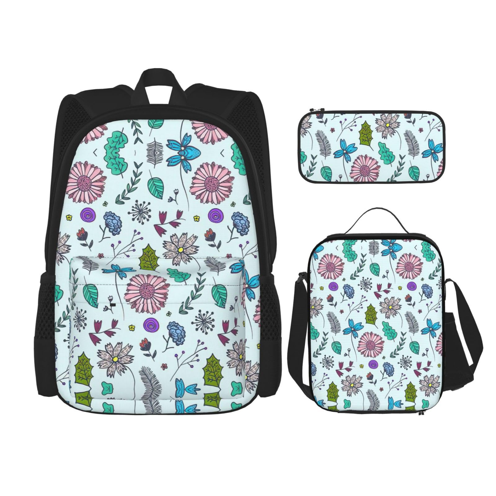 WURTON Farbige Gekritzel Blumen Drucken Schule Rucksack 3 In 1 Büchertasche Set Mit Lunch Box Bleistift Fall Reise Laptop Daypacks