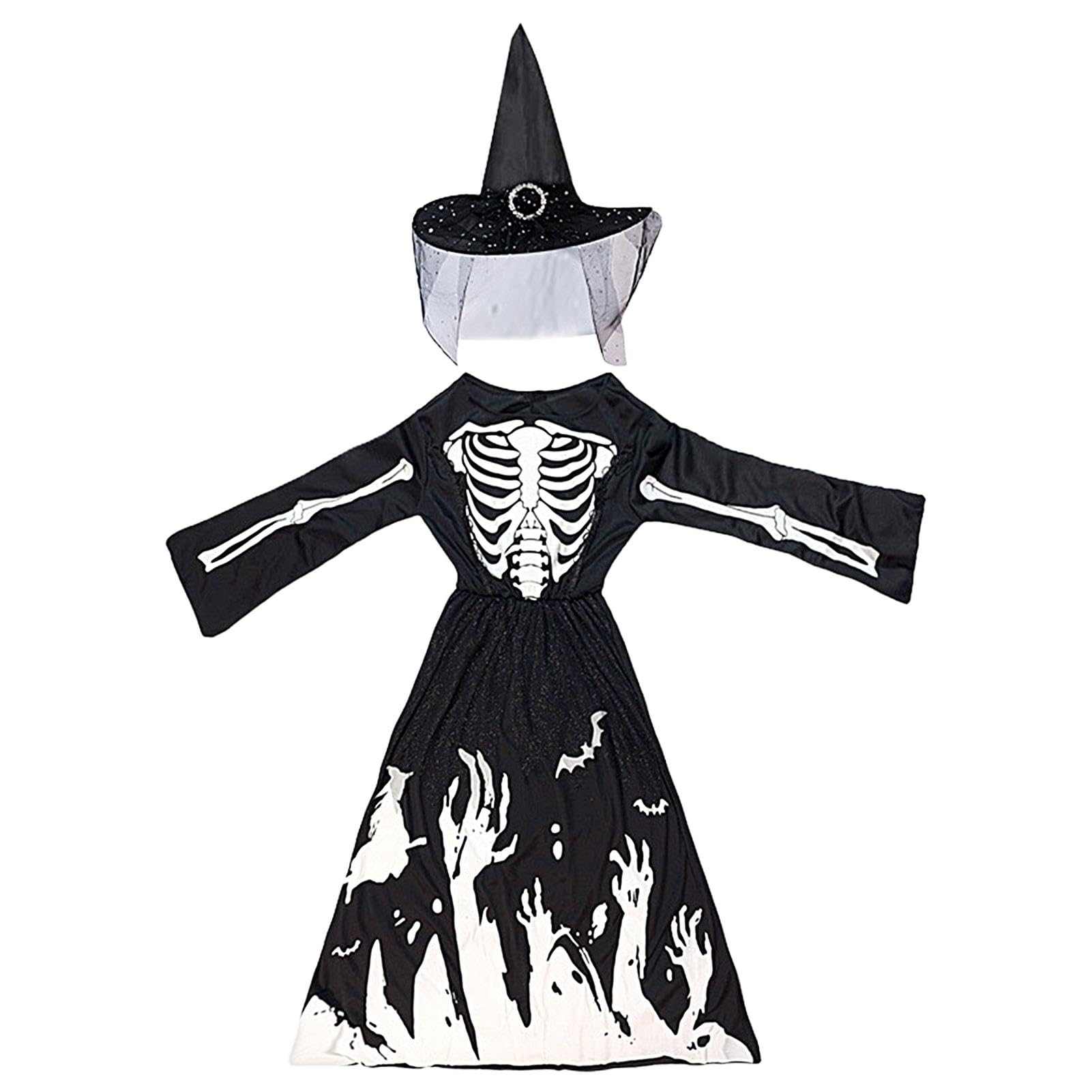 Nbhuiakl Prinzessin Hexe Skelett Kostüm,Kinder Skelett Hexe verkleiden - Skeleton Reaper Dress Up,Skelett-Deluxe-Halloween-Kostümset für Mädchen für Thementreffen und Halloween-Tänze