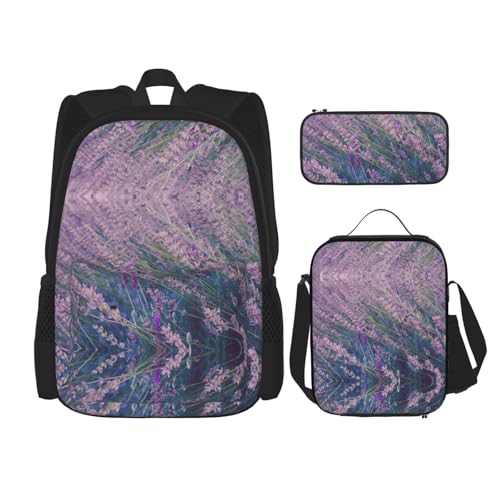 WURTON Schulterrucksack, 3-in-1, Büchertaschen-Set, Lunchbox, Federmäppchen, Reise-Laptop-Tagesrucksack, Lavendelfelddruck, Violett, Schwarz, Einheitsgröße