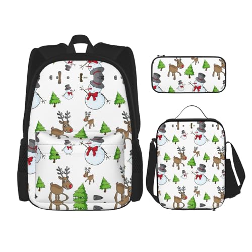 WURTON Rucksack mit Aufschrift "Merry Christmas", 3-in-1, Büchertasche, Lunchbox, Federmäppchen, Reise-Laptop-Tagesrucksäcke