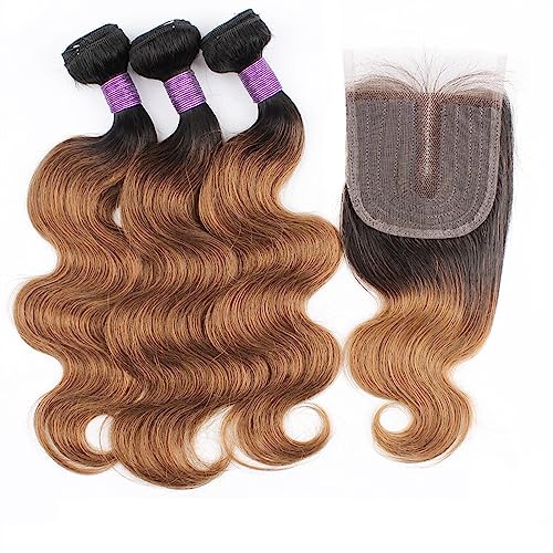 Human Hair Bundles 3 Bündel, gewelltes Echthaar, gewellt, mit Verschluss, transparente Spitze, brasilianisches Remy-Haar, gewellt, 3 Bündel, 1B/30 Farbe human hair weave (Color : 4x1 T Lace, Size :