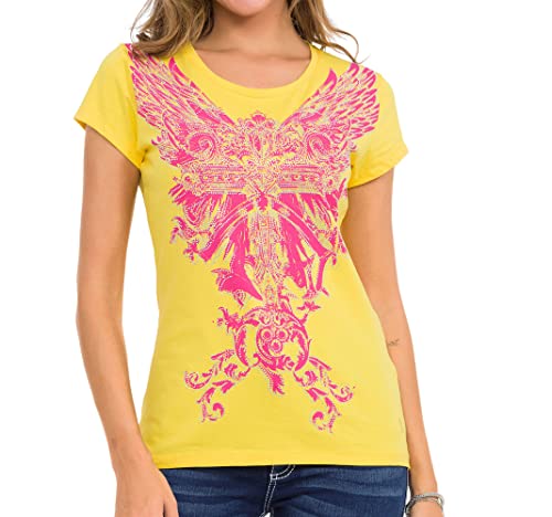 Cipo & Baxx Damen Freizeitshirt T-Shirt Print mit Strassstein Kurzarm Rundhals WT341 Gelb XL