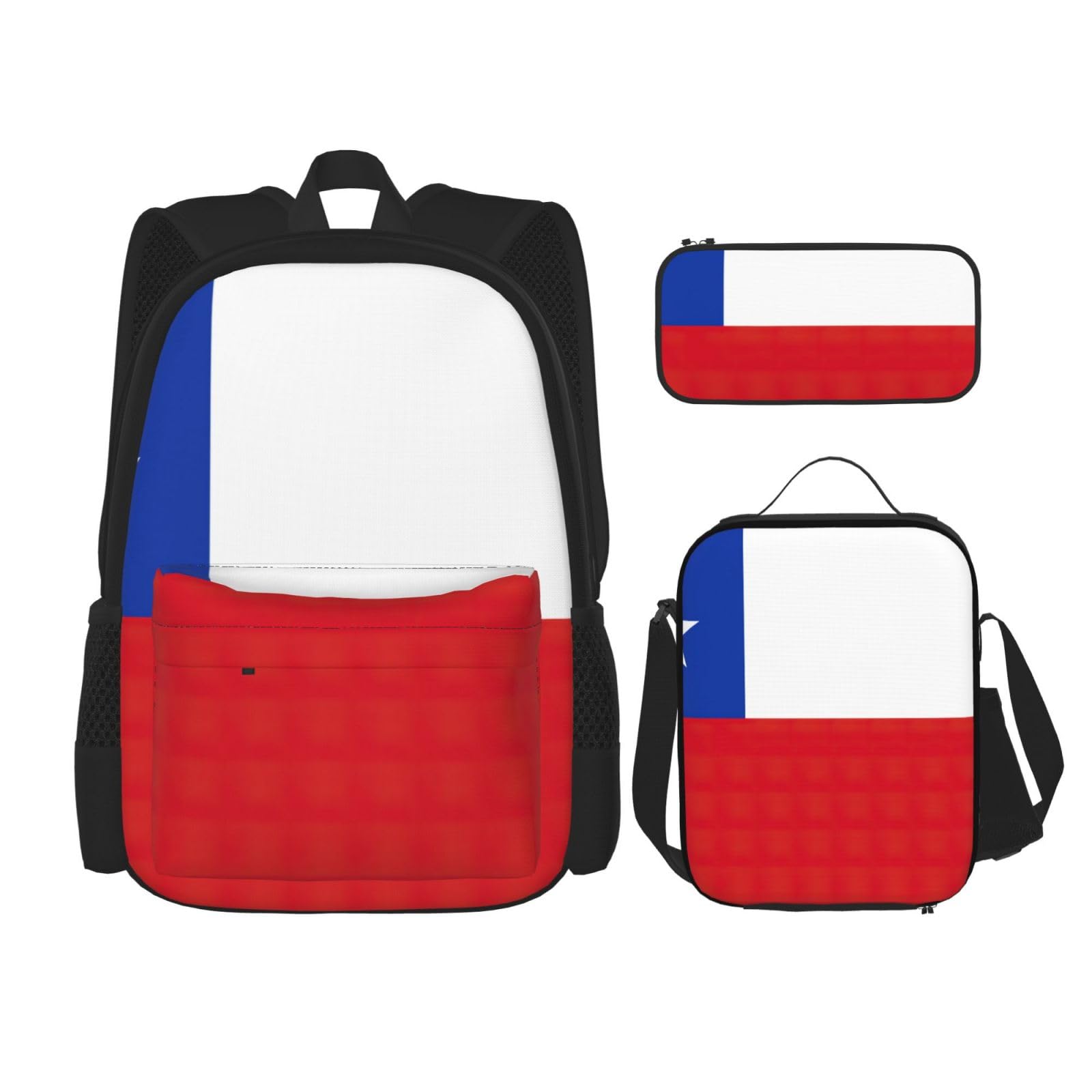 WURTON Trendige Rucksacktaschen und Federmäppchen, 3-in-1-Rucksack-Set, Motiv: Flagge von Chile