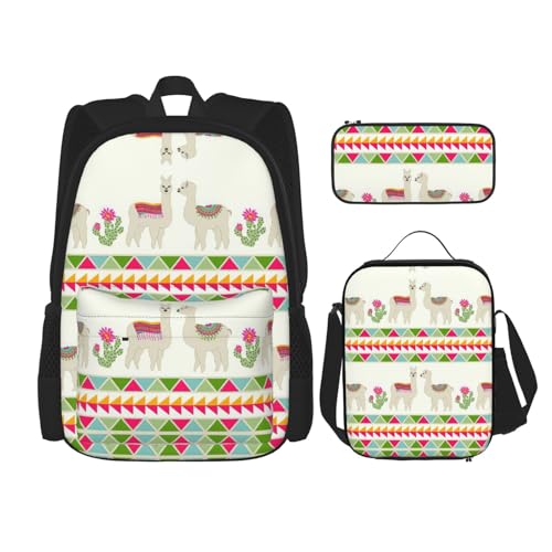 WURTON Schulter-Rucksack mit Lama- und Kaktus-Druck, 3-in-1, Büchertaschen-Set, Lunchbox, Federmäppchen, Reise-Laptop, Tagesrucksäcke, Schwarz, Einheitsgröße