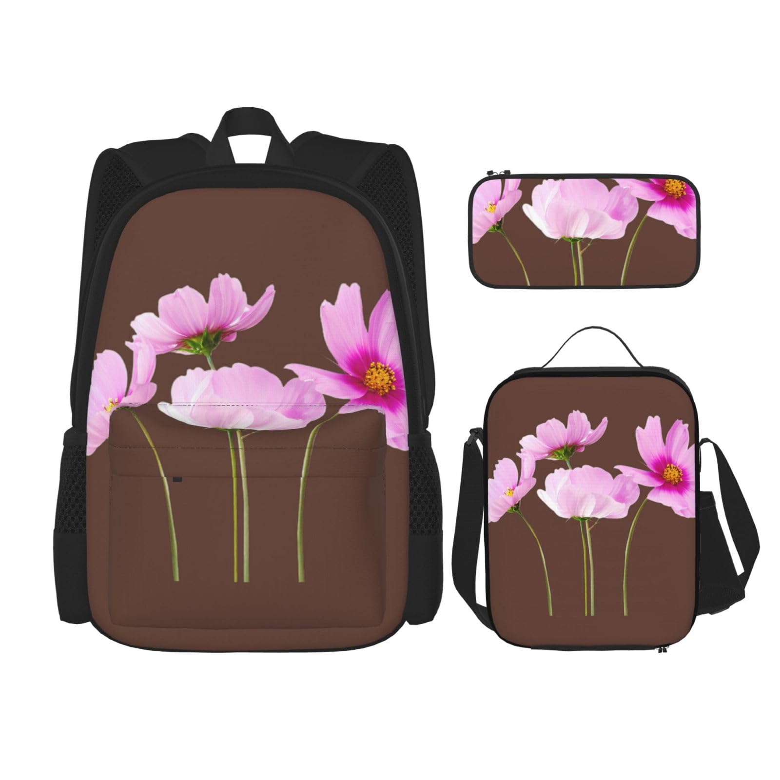 WURTON Trendige Rucksacktaschen Lunchbox und Federmäppchen 3-in-1 verstellbares Rucksack-Set mit rosa Blättern und Blumen, Schwarz , Einheitsgröße