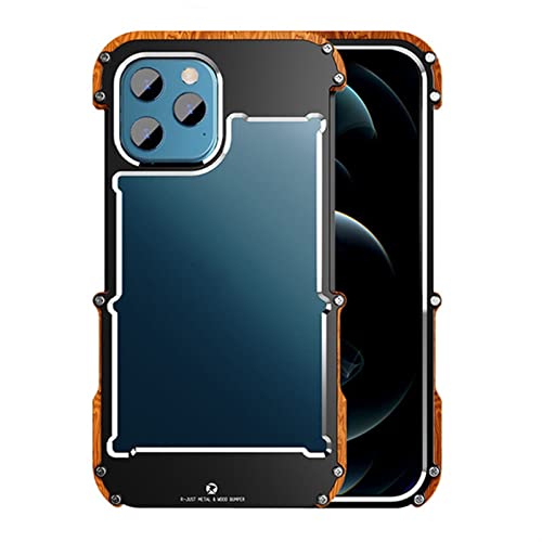 IOTUP Aluminium Bumper Metall & Holz Stoßfeste Rückseite Handyhülle für iPhone 13 12 Pro Max 12 Mini 11 Pro X 7 8 Plus XR XS SE2020 Cover 2022 (Farbe: Svart, Größe: Für iPhone 13)