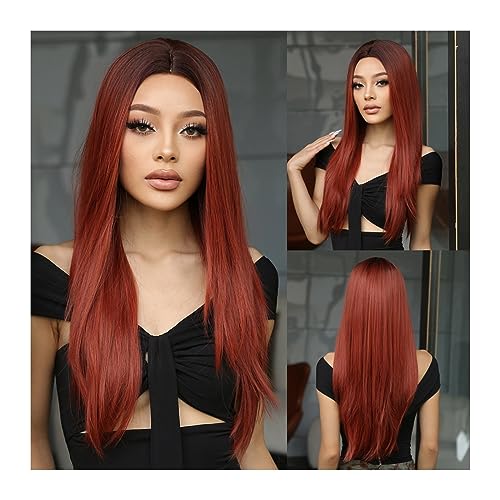 Perücken für Frauen 24 Zoll/60 cm lange rotbraune gerade synthetische Perücken Burgunderrotes Haar Cosplay-Perücke Mittelteil for Frauen Afro Natural Daily Party Hitzebeständig für die Tägliche Party