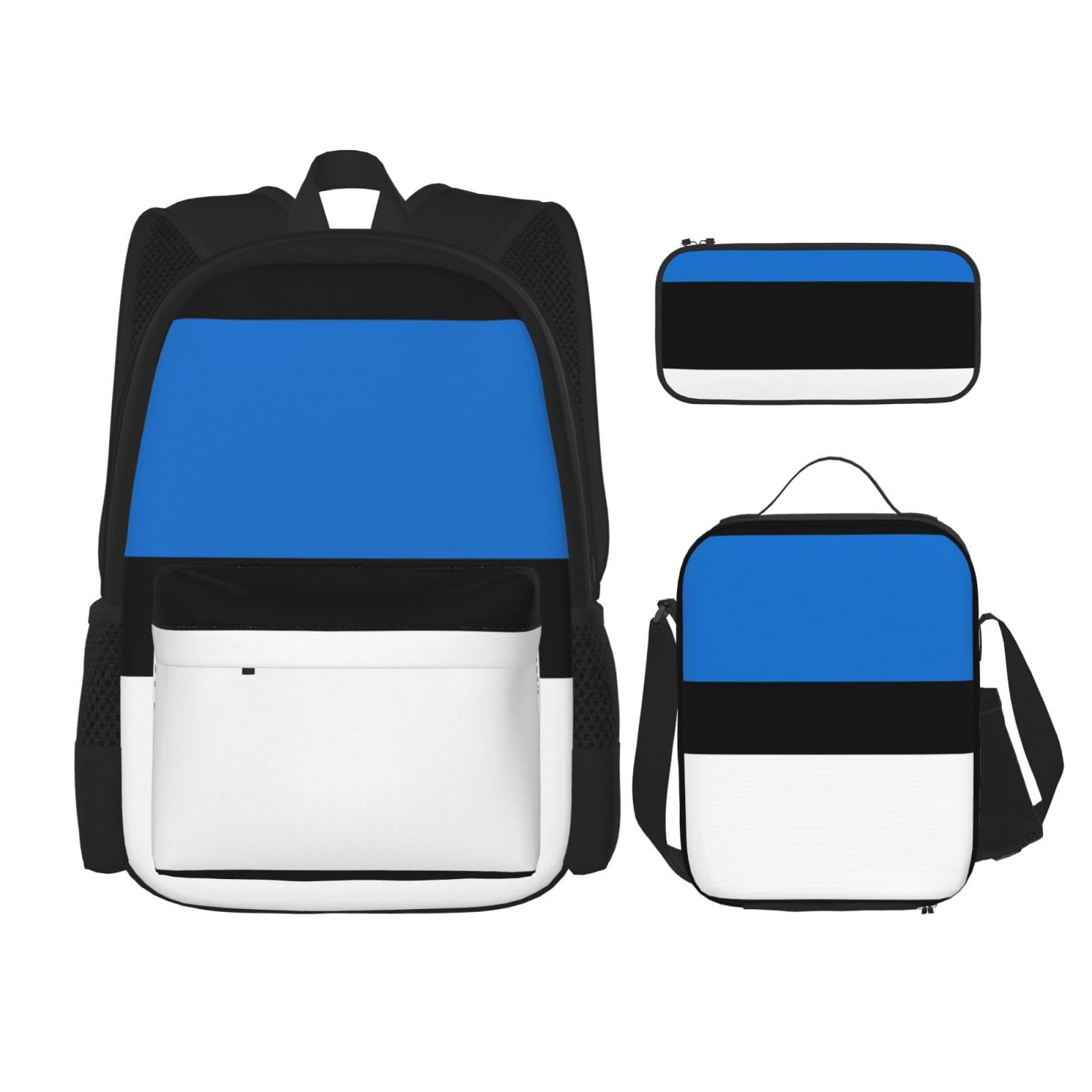 WURTON Rucksack-Set mit Estland-Flagge bedruckt, Schultasche mit Lunchtasche, Federmäppchen, Kombination, Schultaschen-Set