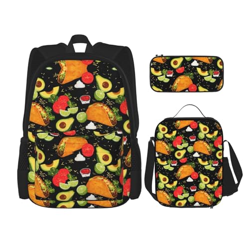 WURTON Schulrucksack mit Lebensmittel-Druck, 3-in-1-Büchertasche, Set mit Lunchbox, Federmäppchen, Reise, Laptop, Tagesrucksack