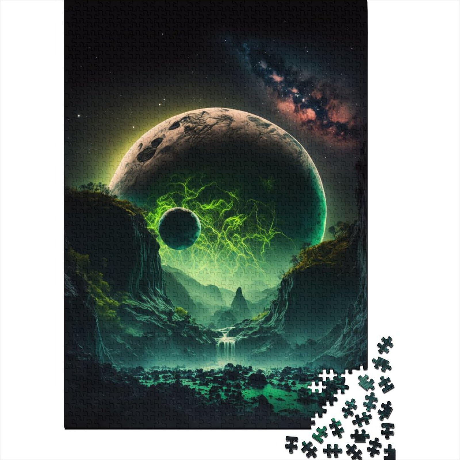 1000-teiliges Puzzle „Neongrüner Vollmond“ für Erwachsene, schwierige Puzzles, Puzzles für Erwachsene, Lernspiel, Herausforderungsspielzeug (Größe: 75 x 50 cm)