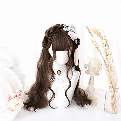 LINLINCD-58cm langes lockiges gemischtes braunes/schwarzes doppeltes Pferdeschwanz-Haarteil Ombre Lolita Japan Nette Party Halloween Cosplay Perücken + Perücken Mütze braun