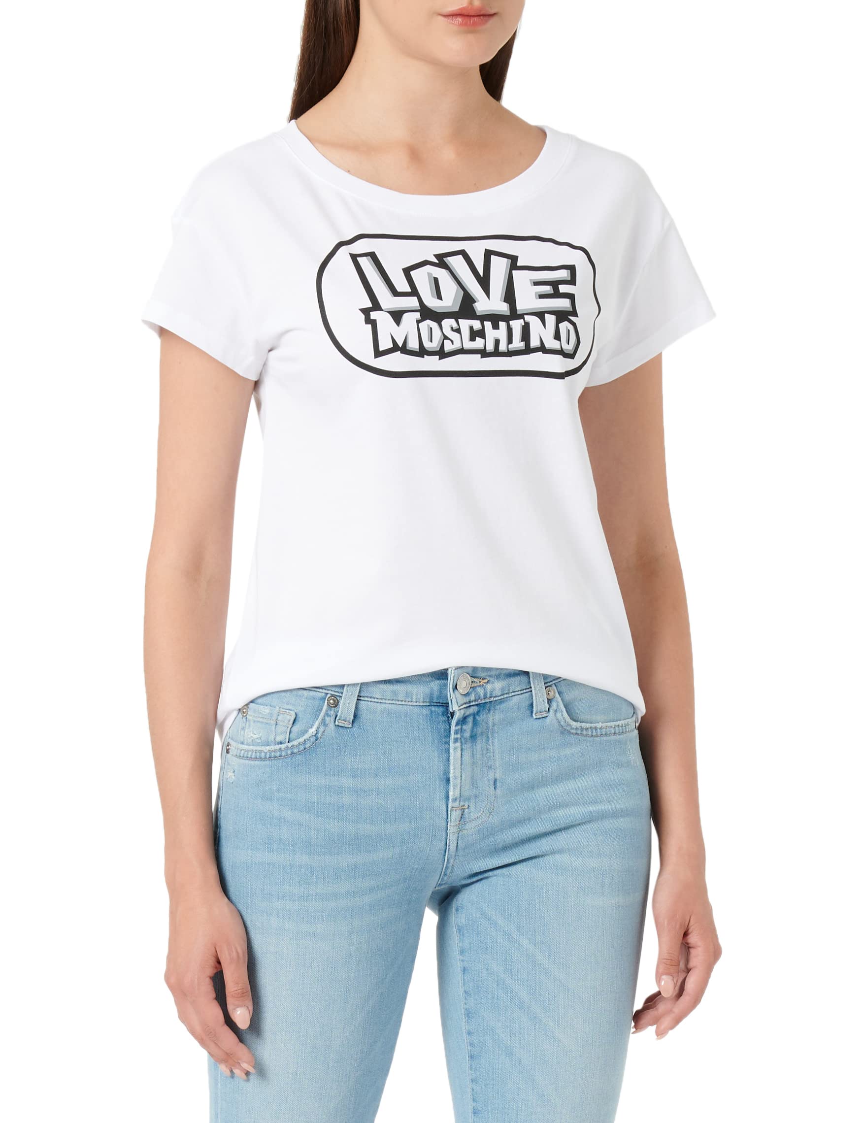 Love Moschino Damen Boxy Fit Short Sleeves With Skate Print T Shirt, Optical White, 42 EU