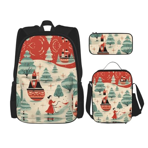 WURTON Lunchbox mit Weihnachtsmotiven, Federmäppchen, Rucksack-Set, 3-teilig, verstellbare Riemen, langlebig, leicht, Schwarz, One Size