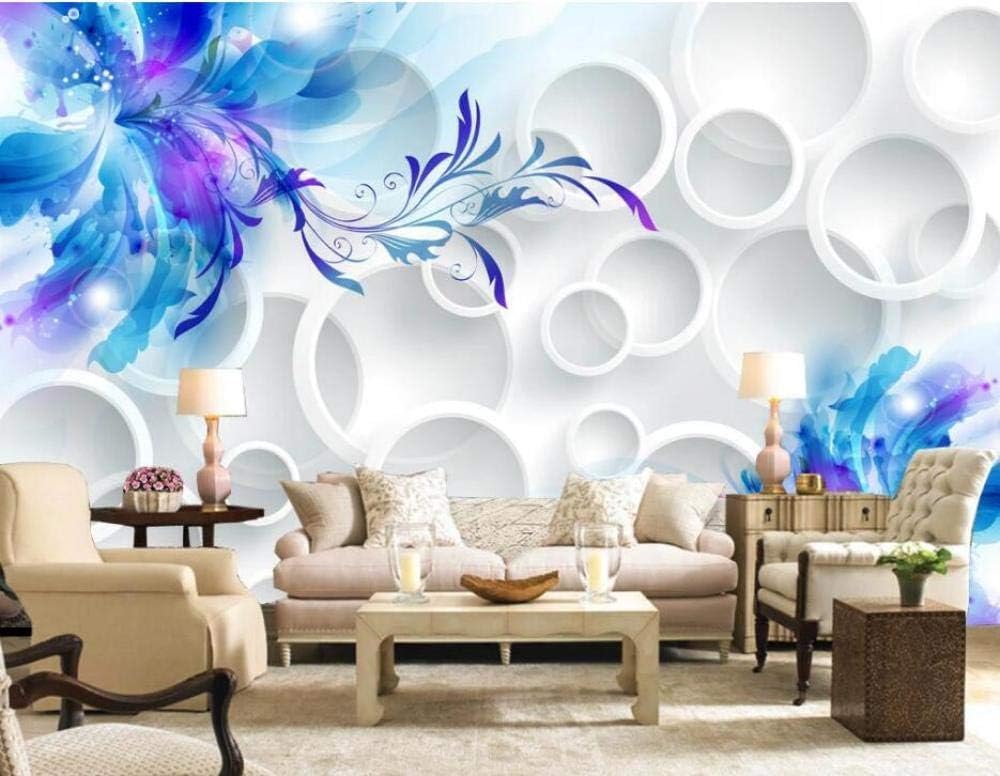 Blaue Blumen Weiße Geometrische Kreise 3D Tapete Poster Restaurant Schlafzimmer Wohnzimmer Sofa TV Dekorative Wand-400cm×280cm