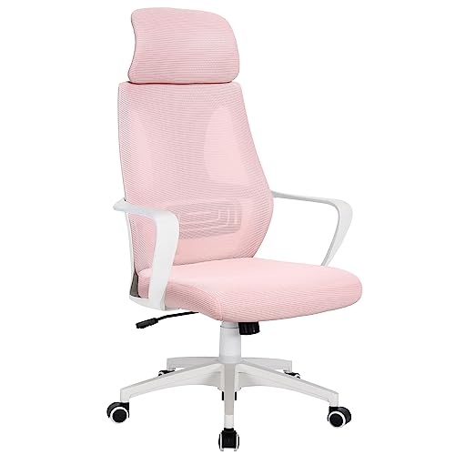 Trisens Bürostuhl mit Lordosenstütze im Netzstoff-Design Schreibtischstuhl mit Wippfunktion ergonomischer Drehstuhl mit Einer verstellbaren atmungsaktiven Rückenlehne, Farbe:Weiß/Rosa