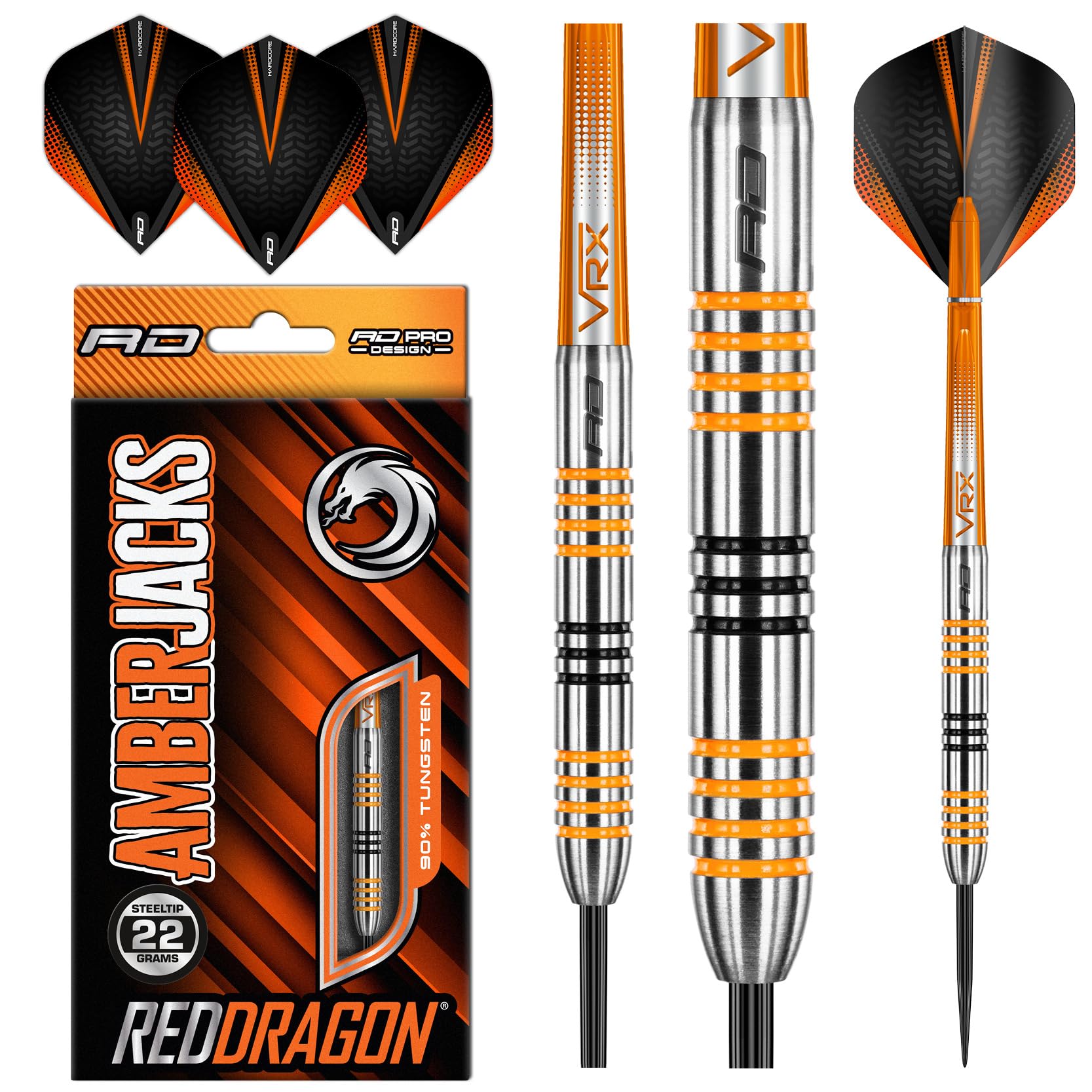 RED DRAGON Amberjack 3 - Steel Tip 22 Gramm Wolfram Profi Dartpfeile Set mit Flights und Schäfte