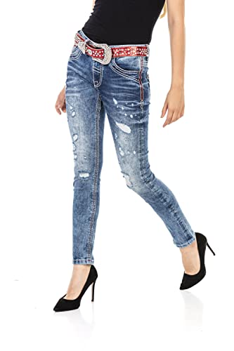 Cipo & Baxx Damen Jeanshose Slim Fit Denim Kontrastnähte Pants Destroyed Used Jeans WD442 Blau W30 L32