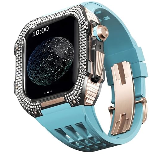 KANUZ Uhren-Modifikationsset, Luxus-Uhrenarmband-Set für Apple Watch 6, 5, 4 SE, 44 mm, luxuriöses Fluorkautschuk-Armband, Titangehäuse für iWatch 6/5/4/SE, 44 mm, Serie, Upgrade-Modifikation (Farbe: