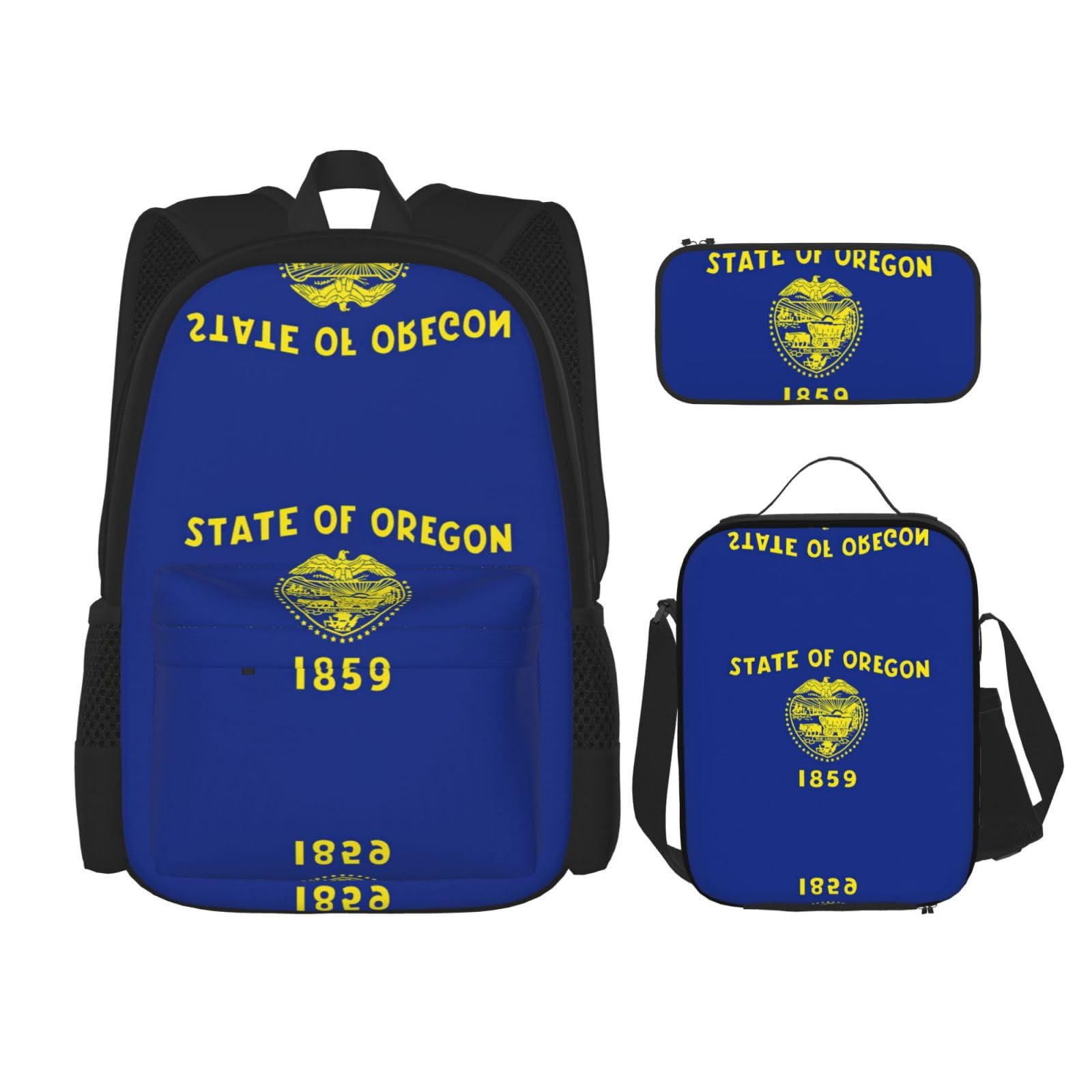 WURTON Oregon Rucksack mit Staatsflaggen-Druck, für Mädchen, Jungen, Schultaschen, Teenager, Lunchbox und Federmäppchen, 3-in-1 Büchertaschen-Set