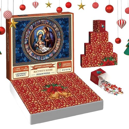 Adventskalender 2023 Weihnachtskrippe Puzzle | 1000 Teile Puzzles Jigsaw Countdown Kalender für Weihnachtsgeschenke 24 Boxen Puzzles für Countdown Bunte Geschicklichkeitsspiele für die ganze Familie