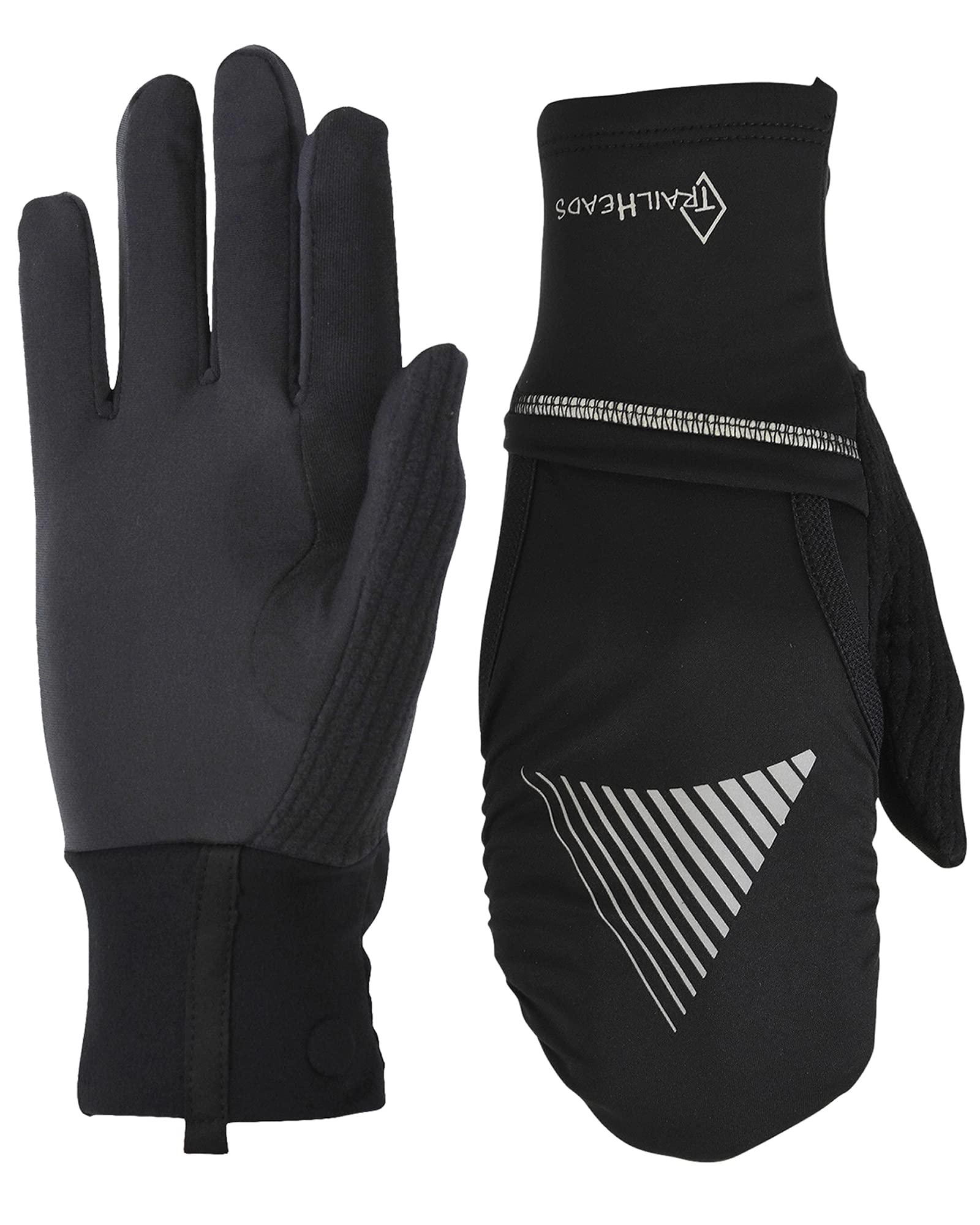 TrailHeads Touchscreen Handschuhe für Damen mit Reflektierendem Wasserfestem Fäustlingsüberzug Konvertible Laufhandschuhe Damen – Schwarz Reflektierend (mittel/groß)