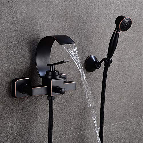 Badewannenarmatur - Wasserfall Wannenbatterie, Wand-Duscharmatur Mit Handbrause, Schwarz Retro Messing Wannenarmatur, Mit Keramikkartusche - Wandhalterung, Aufputz Einhebel Wannenmischer - Dusche Set