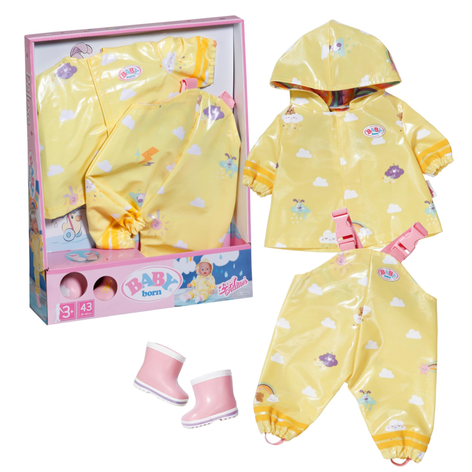 BABY born Deluxe Regen-Oufit mit Regenmantel, Regenhose und Gummistiefeln für 43 cm Puppen, 836460 Zapf Creation