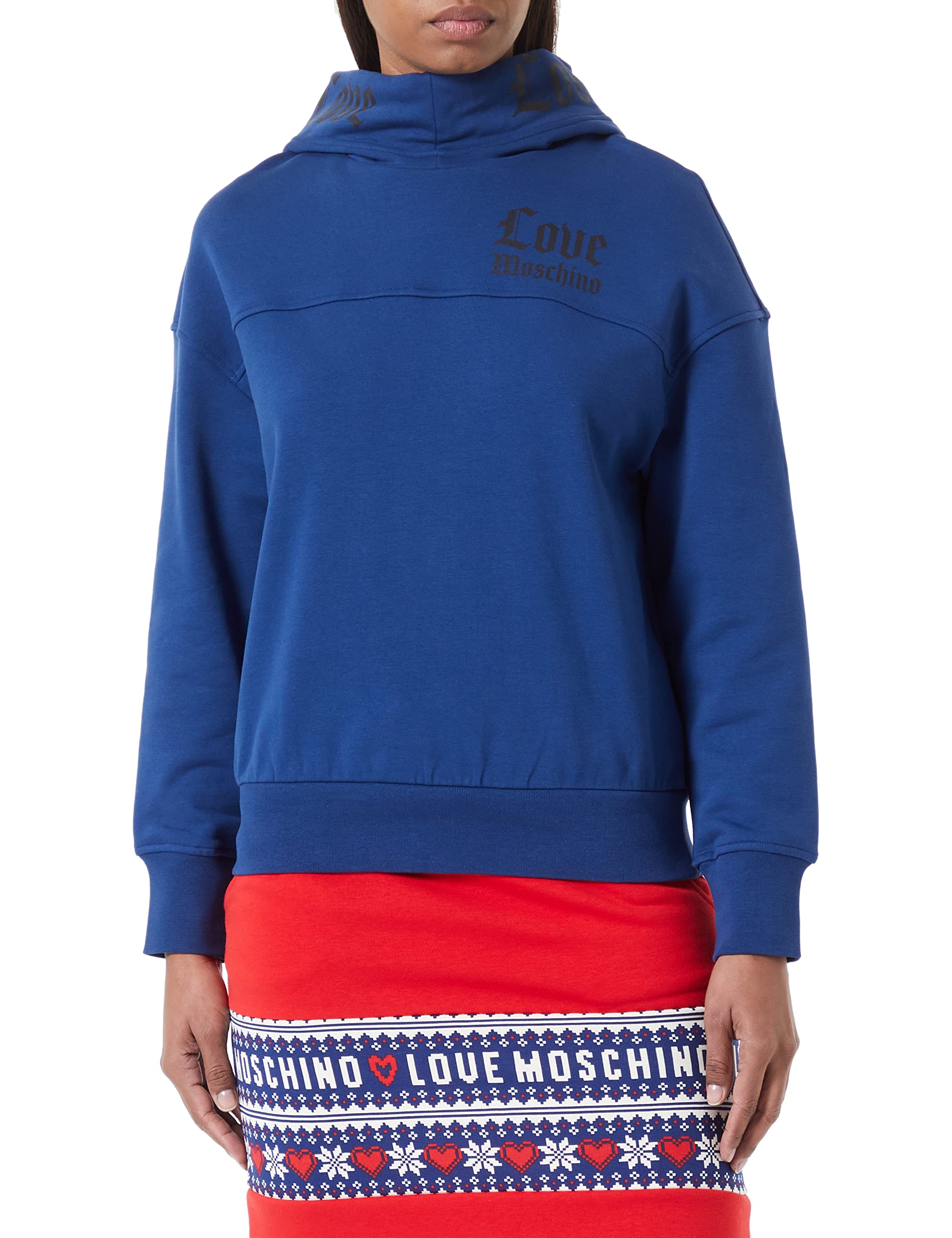 Love Moschino Women's Long-Sleeved Wraparound Hood with Love on hood's Band and Gothic Logo Print Sweatshirt, Blue, 38