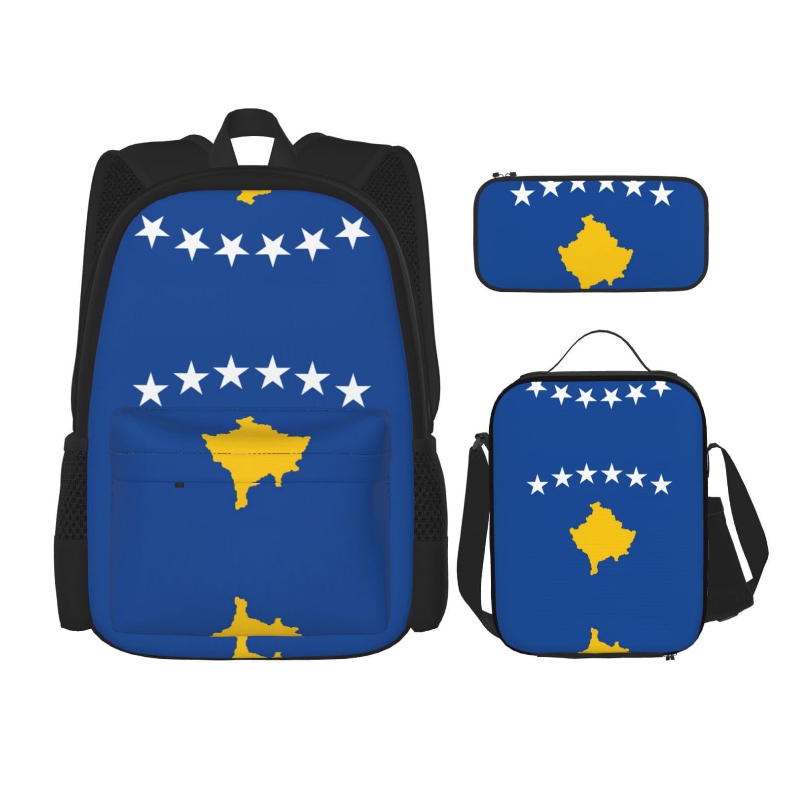 WURTON 3-in-1 Büchertaschen-Set, verstellbarer Schulter-Rucksack, Lunch-Tasche, Federmäppchen, Tasche, Flagge des Kosovo, Einheitsgröße