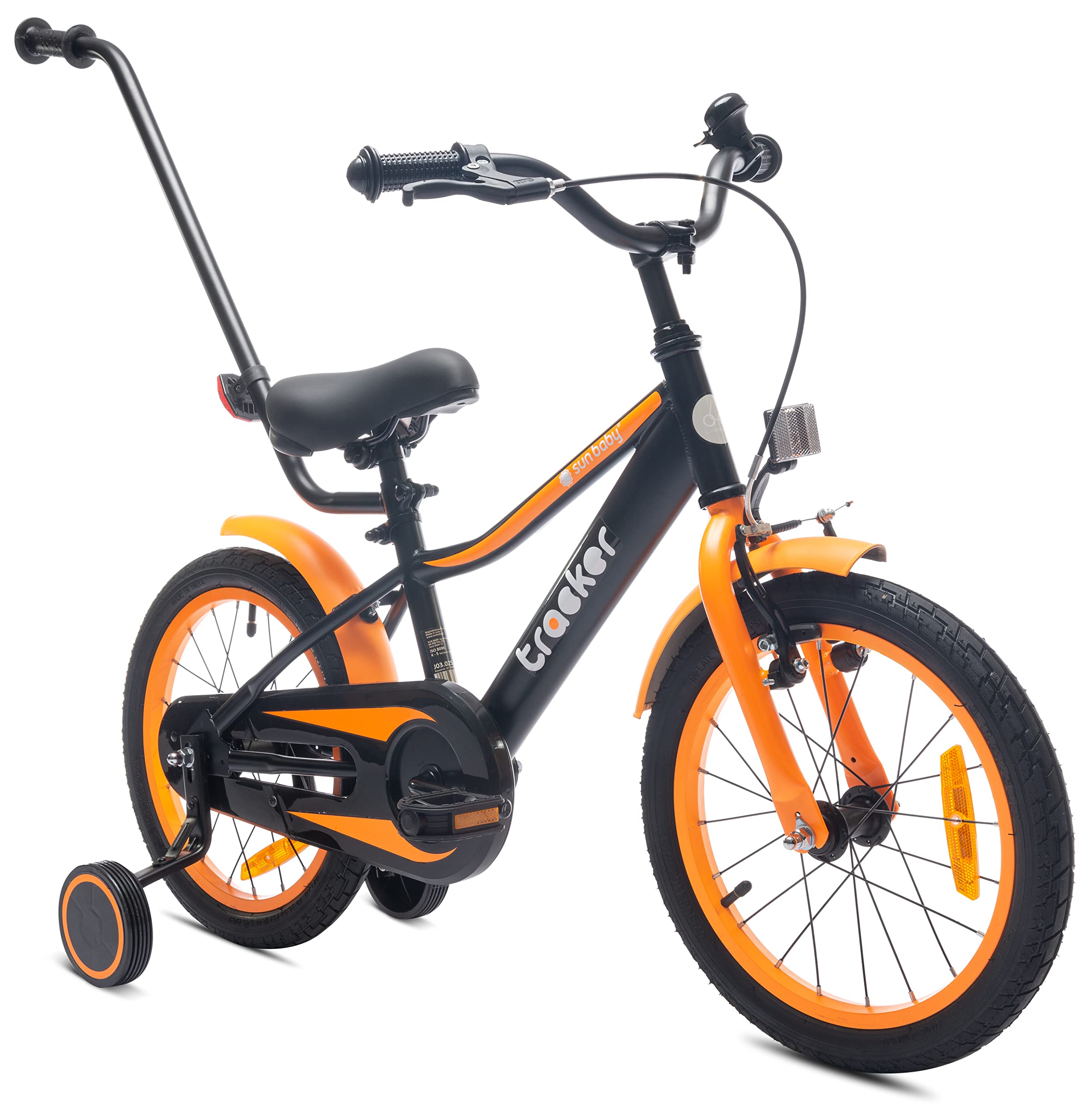 sun baby Jungenfahrrad 16 Zoll Jungen Kinderfahrrad Tracker Bike Leicht Stützräder mit Schubstange ab 2-6 Jahre BMX Fahrrad Kinder (Neon Orange, 16 Zoll)