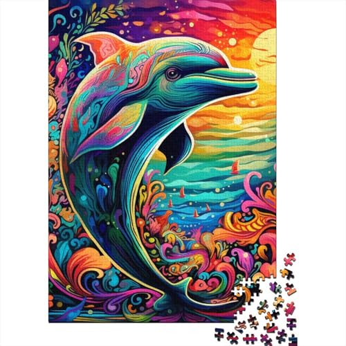 Psychedelischer Delfin, Holzpuzzle für Erwachsene, Kunstpuzzle für Erwachsene, 1000 Teile, ganze Familie und die 29,53x19,69 Zoll