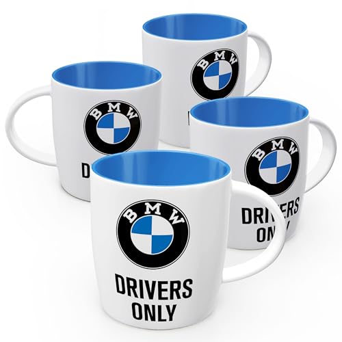 Nostalgic-Art Retro Kaffee-Becher, 330 ml, BMW – Drivers Only (4er-Set) – Geschenk-Idee für BMW Accessoires Fans, Original Lizenzprodukt (OLP), Keramik-Tasse, Vintage Design