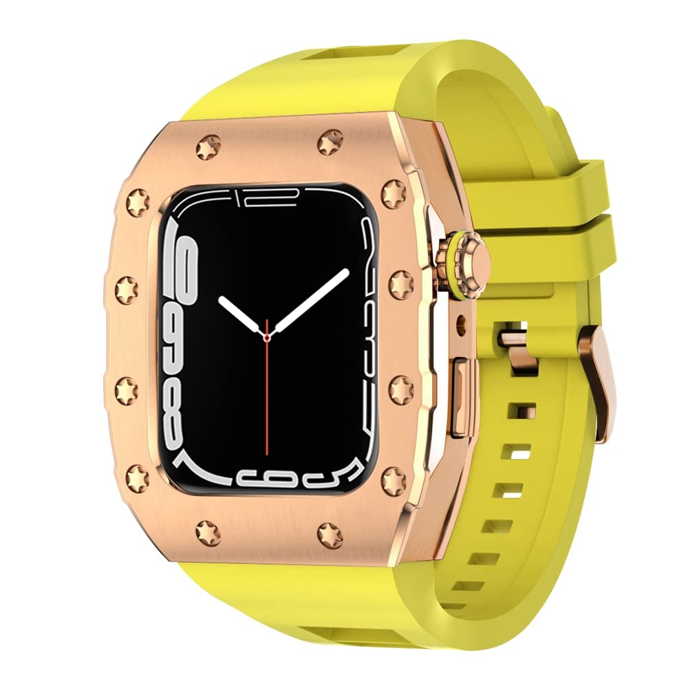 KANUZ 45 mm luxuriöses Metallgehäuse-Silikonarmband für Apple Watch, Mod Kit, 44 mm Modifikationsset für iWatch Serie 8, 7, SE, 6, 5, 4, Band (Farbe: RGY, Größe: 44 mm für 6/5/4/SE)