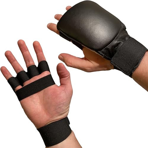 TEKKA BUDO Karate Faustschützer flach - Hand Mitt Echtleder - Schwarz Gr. M - Fingerschlaufen mit Elastikband - Jujutsu, WingTsun Handschutz