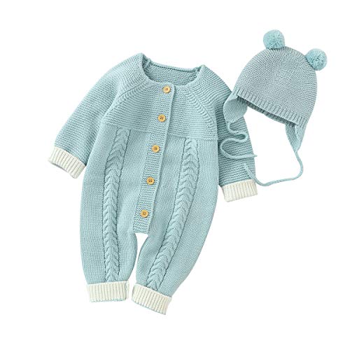 Nicoone Neugeborenen Baby Neugeborenen Stricken Overall Kleinkind Langarm Body mit Hut für 3-24M Babys (2 Teile/Satz)