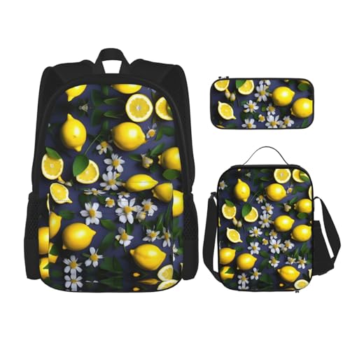 WURTON Reise-Lunchbox mit Zitronen- und Blumendruck, Federmäppchen, Rucksack-Set, 3-teilig, verstellbare Riemen, leicht, Schwarz, Einheitsgröße