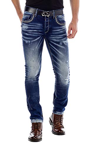 Cipo Baxx Herren Jeans Hose Ripped Denim Straight Fit Used Look Destroyed Hose Blau W31 L34