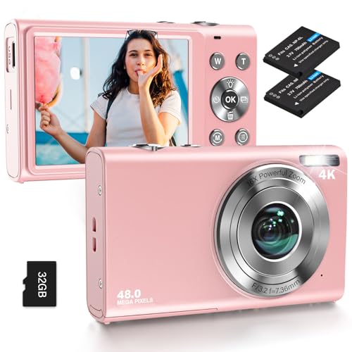 Digitalkamera, 4K Autofokus Fotoapparat Fotokamera mit 32G SD Karte HD 48MP mit 2.8" großem Bildschirm, 16X Digitalzoom, Kompaktkamera Tragbare Mini Kamera für Erwachsene, Anfänger (Rosa)