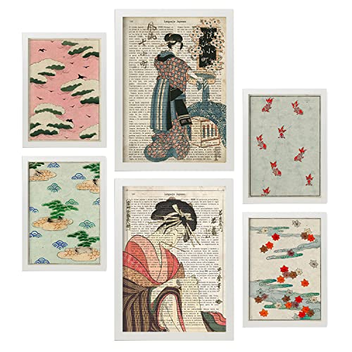 Nacnic-Set von 6 Poster von Japan. Sammlung von Platten mit ästhetischer Collage für Innendekoration. Größen A3 und A4. Mit weißem Rahmen.