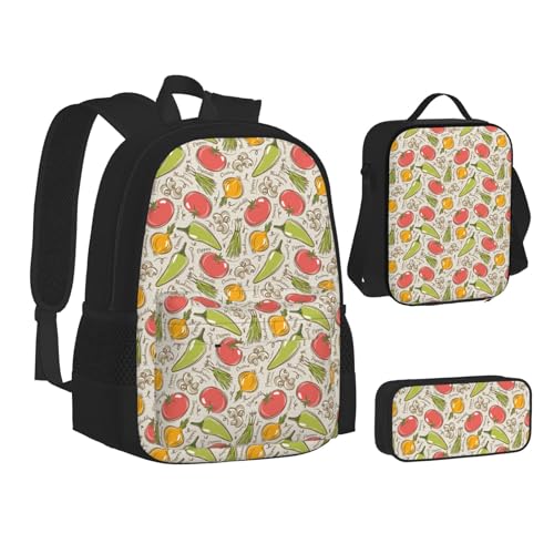 WURTON Büchertasche mit Dampfzug und Wolken-Druck, Teenager, Lunch-Tasche, Federmäppchen, 3-in-1, Schulrucksack-Set, Kinderrucksack, Gemüsefrüchte, Einheitsgröße