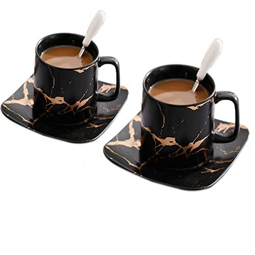 Espresso Americano Kaffeetassen-Set europäischer Luxus Marmor Goldkorn Goldrand Latte Fancy Kaffeetasse Tasse Cappuccino Nachmittag Rot Tee Becher 250 ml (110 ml Schwarz x2)