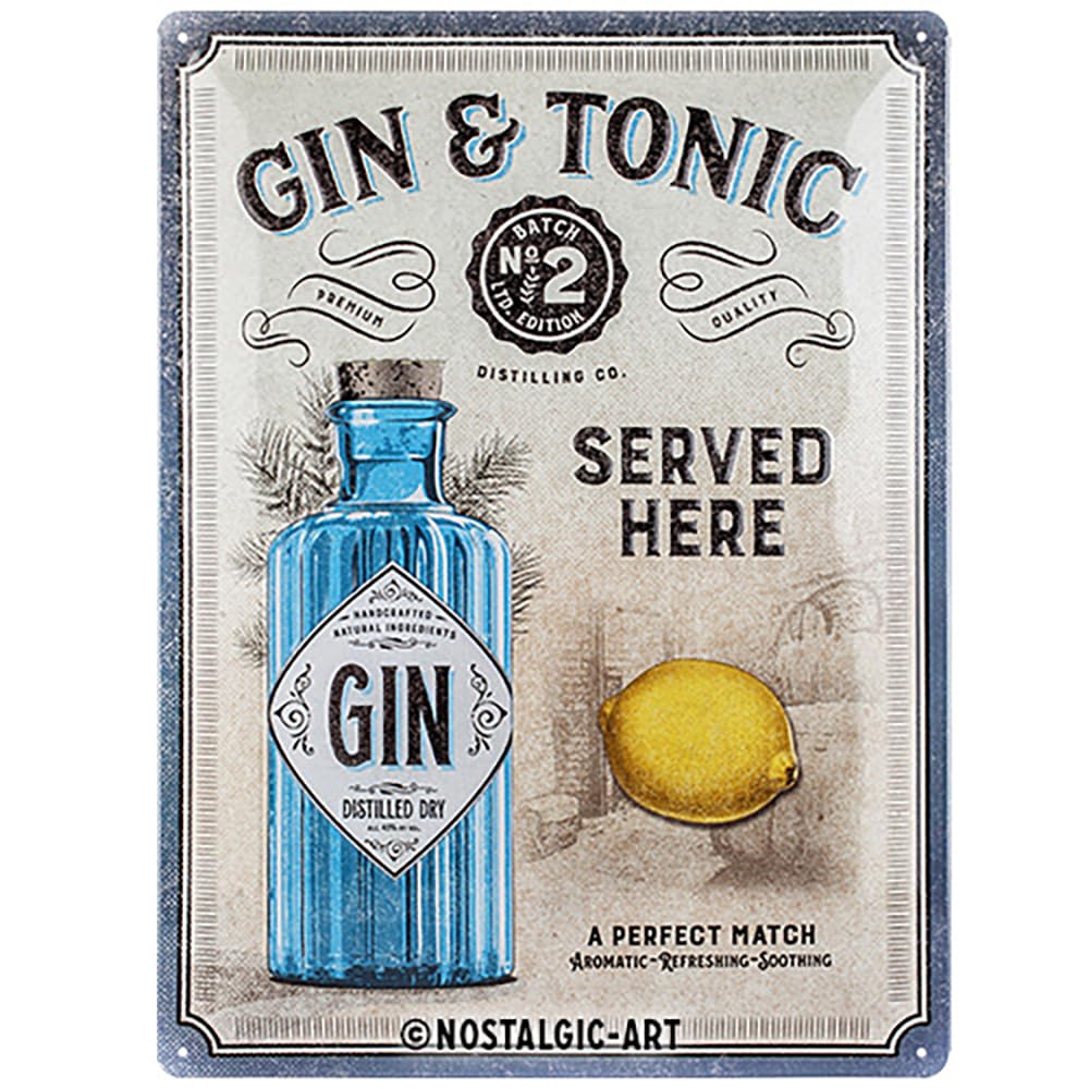 Nostalgic-Art Retro Blechschild, 30 x 40 cm, Gin & Tonic Served Here – Geschenk-Idee als Bar Zubehör, aus Metall, Vintage Design