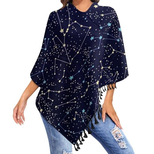 HABXNJF Lässiger Poncho-Oberteil für Damen, leuchtet im Dunkeln, Sternbilder, Mitternachtsschal für Frauen, Wickelschal mit Quasten für Herbst, Winter, schwarz-leuchtet im Dunkeln Sternbilder