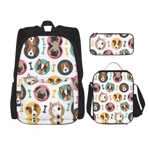 WURTON Schulrucksack-Set mit Hundemuster, 3-in-1-Büchertaschen-Set mit Lunchbox, Federmäppchen, Reise-Laptop-Tagesrucksäcke