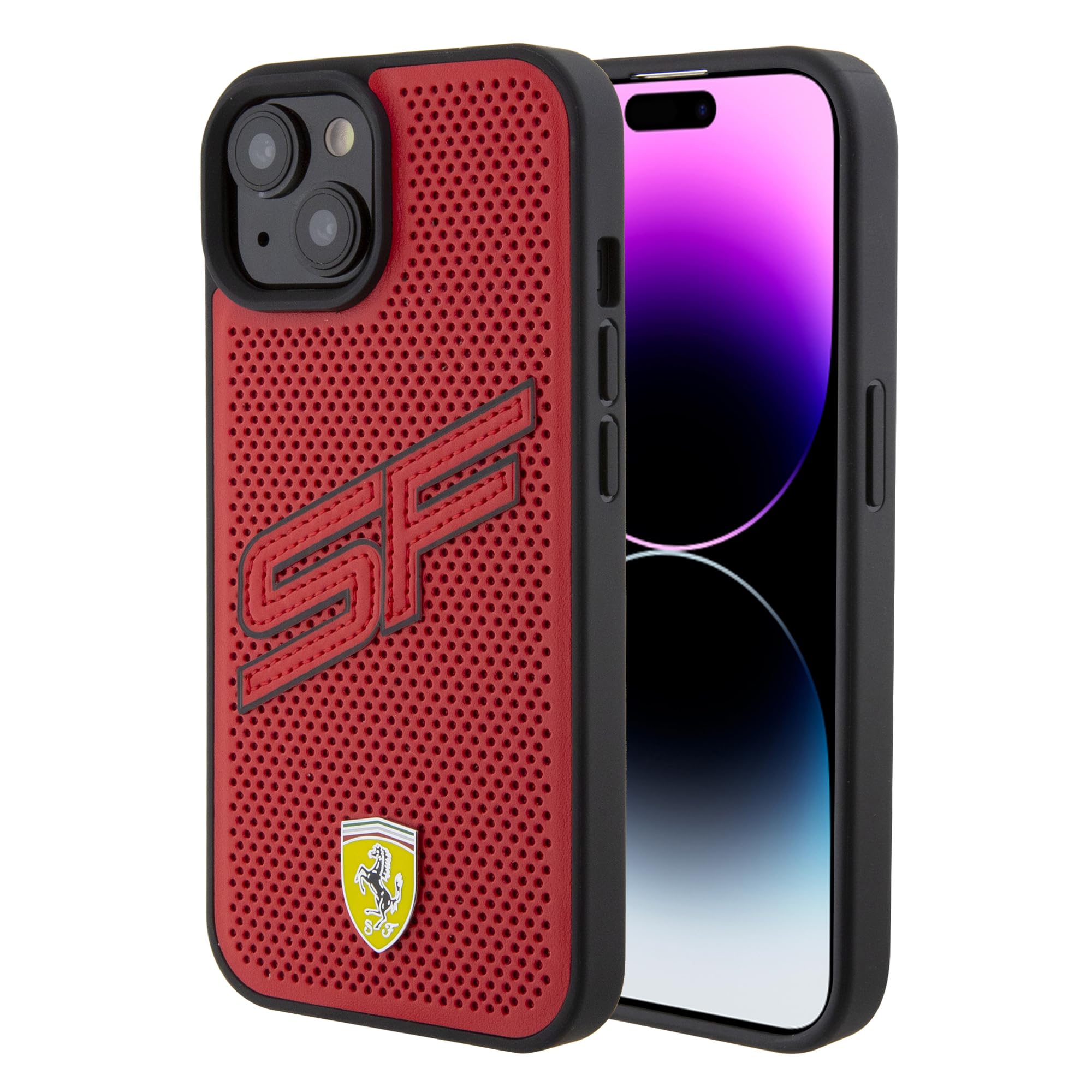 CG MOBILE Ferrari Handyhülle kompatibel mit iPhone 15 Zoll Rot Perforiert Big SF PU Leder Anti-Kratzer Glatte Schutzhülle mit Easy Snap-on, Stoßdämpfung & Signature Logo