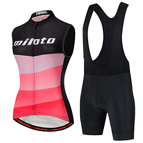 Fahrradtrikot Damen Sommer|Radweste Anzug Fahrradbekleidung Frauen Ärmellos|Radtrikot Fahrradweste Set,Atmungsaktiv MTB Radsportanzug Sleeveless Oberteil und Radhose mit 19D Gel Sitzpolster(6,L)